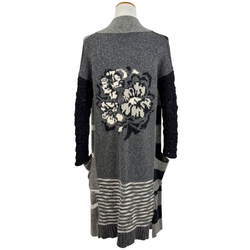 Free People Black Gray Striped Floral Knit Long Cardigan S | Boho Grunge Fairy - Picture 7 of 16